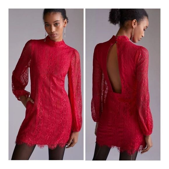 New Anthropologie Maeve Open-Back Lace Mini Dress Size 0 - Picture 1 of 8